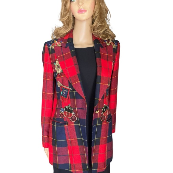 ESCADA COUTURE jacket with embellishment front Wool Plaid Print Blazer size 36(6 - Picture 2 of 16